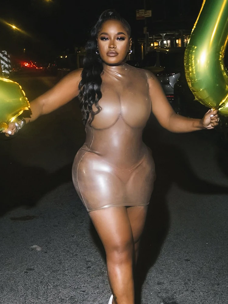 فستان نسائي غريب شفاف من خلال فستان صيفي مثير بدون أكمام لحفلات عيد الحب وحفلات أعياد الميلاد مكشكشة أنيقة ملابس نوادي ضيقة صغيرة