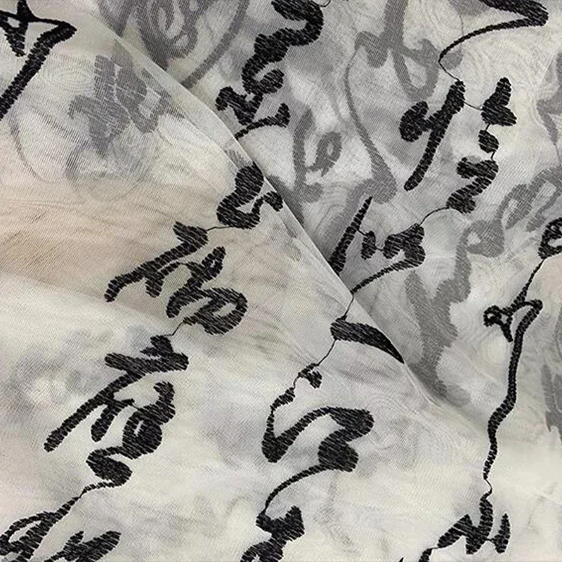 Calligraphy Embroidered Fabric Ancient Chinese Character Mesh Cloth DIY Sewing Hanfu Dress Window Tulle Curtains Length 2.8m