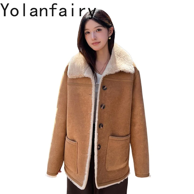 

YOLANFAIRY New High-street Natural Fur Coat Woman Winter Mid-length Lamb Fur Jackets for Women Fashion Lapel Fur Jacket Abrigos