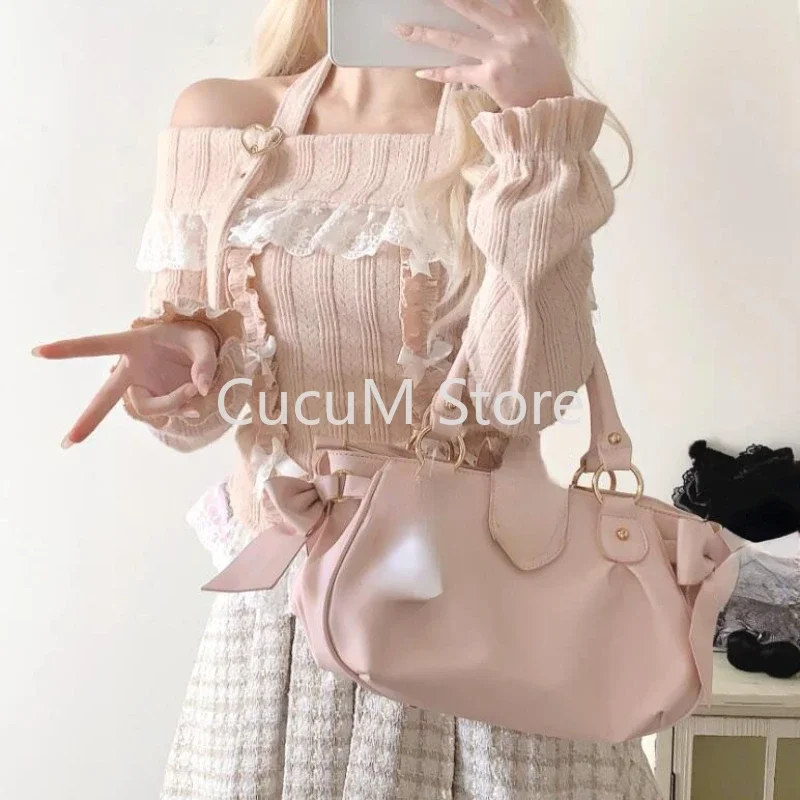 New Lolita Slash Neck Halter Sweater Women Kawaii Lace Patchwork Y2k Aesthetic Grunge Bottoming Crop Tops Pullover Knitwear