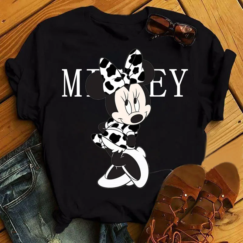 Cute Mickey Leopard T Shirts Minnie Print Women's T-shirt Kawaii Tshirt for Female Fashion Casual Short Sleeve Tees Y2k Tops