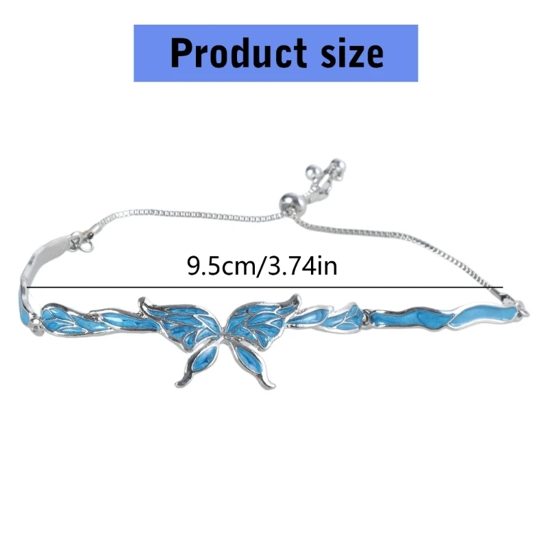 Elegant Blue Butterfly Charm Bracelet Adjustable Length Handchain Colorful Wristchain Alloy Bangle Accessory for Women