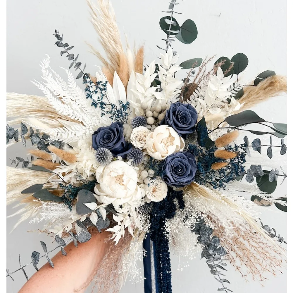 Dried Flowers,Navy,Dusty Blue Roses,White Peony Pampas Grass Bouquet,Bride and Bridesmaids Wedding Flowers