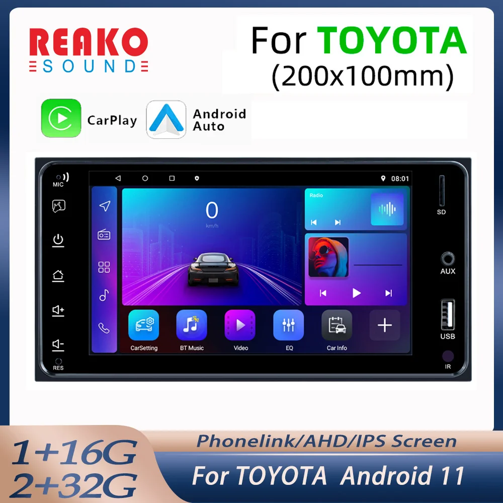 

REAKOSOUND Android 11 Autoradio 7'' Car Player Car Stereo Video GPS Mirror Link FM Radio USB Rear View Camera For Toyota Corolla