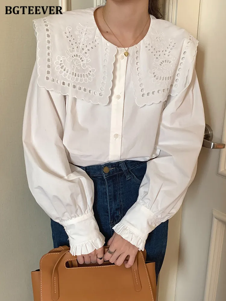 BGTEEVER Stylish Loose Embroidery Female Shirts Hollow Out Lapel Full Sleeve Ladies White Blouse Spring Summer Ladies Blusas