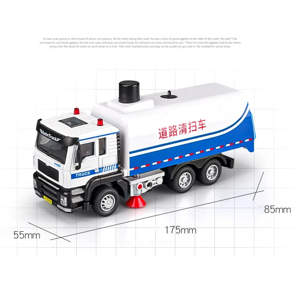 1/50 Alloy Diecast Road Sweeper Model Car Toy with Light Music Sanitation Sweeping Truck Wheel Pull Back Vehicle Kids Xmas Gifts