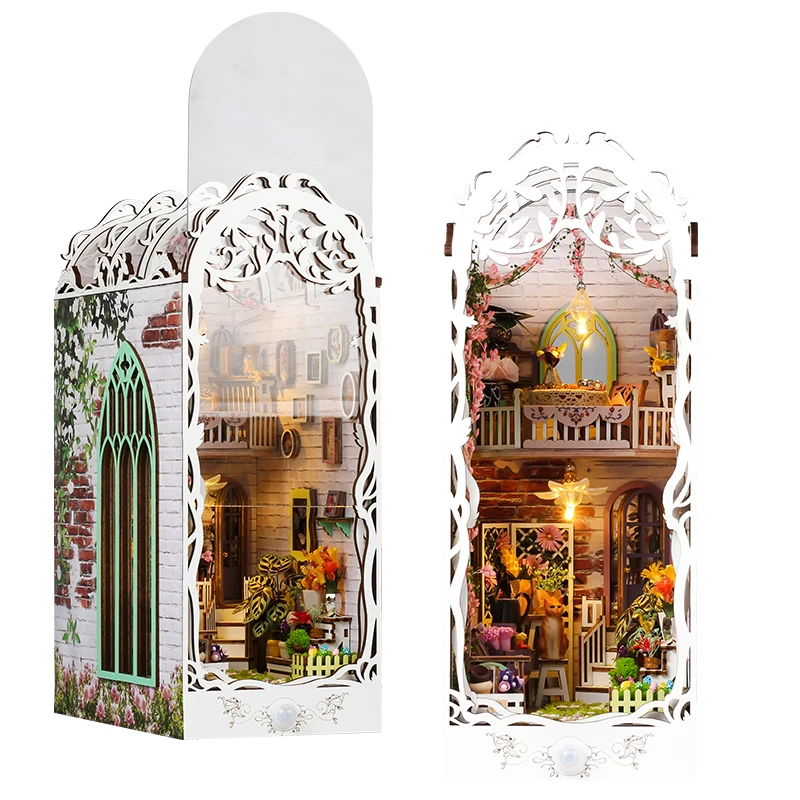 Fai da te Book Nook Kit modello in miniatura in legno casa dei fiori fermalibri assemblato Puzzle 3D scaffale decorazioni per la casa amici regali di compleanno