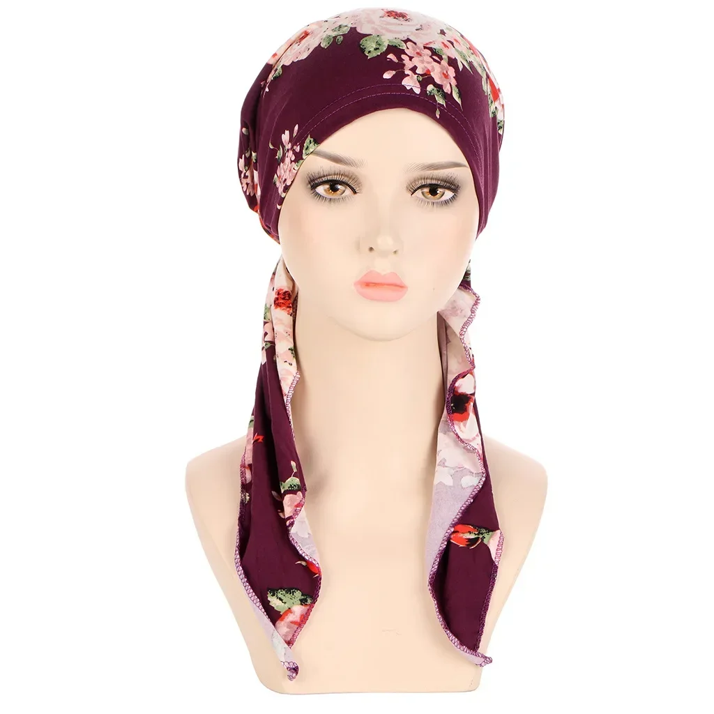 Hot Women Muslim Turban Hijab Cancer Chemo Hat Flower Print Cap Hair Loss Cover Head Scarf Stretch Bandana Wrap Pre-TiedHeadwear