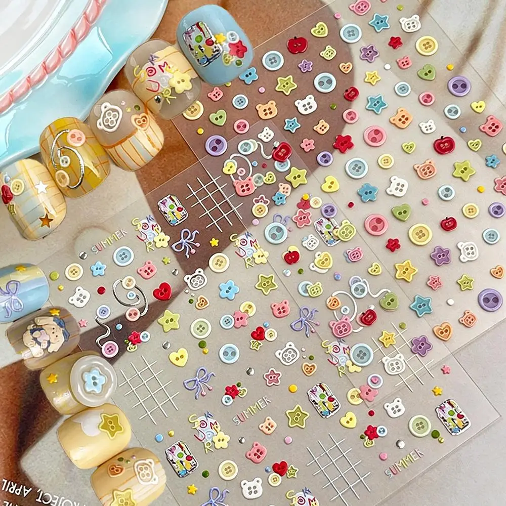 1/2Pcs 5D Embossed Multi Shapes Button Nail Stickers Star Heart Bear Button Grids Nails Decals Sweet Girl Manicure Decorations N