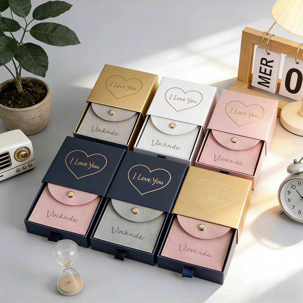 

100Pcs Personalized Navy Paper Drawer Boxes Jewelry Packaging Box With Microfiber Snap Bag Velvet Earrings Rings Brooch Pouch