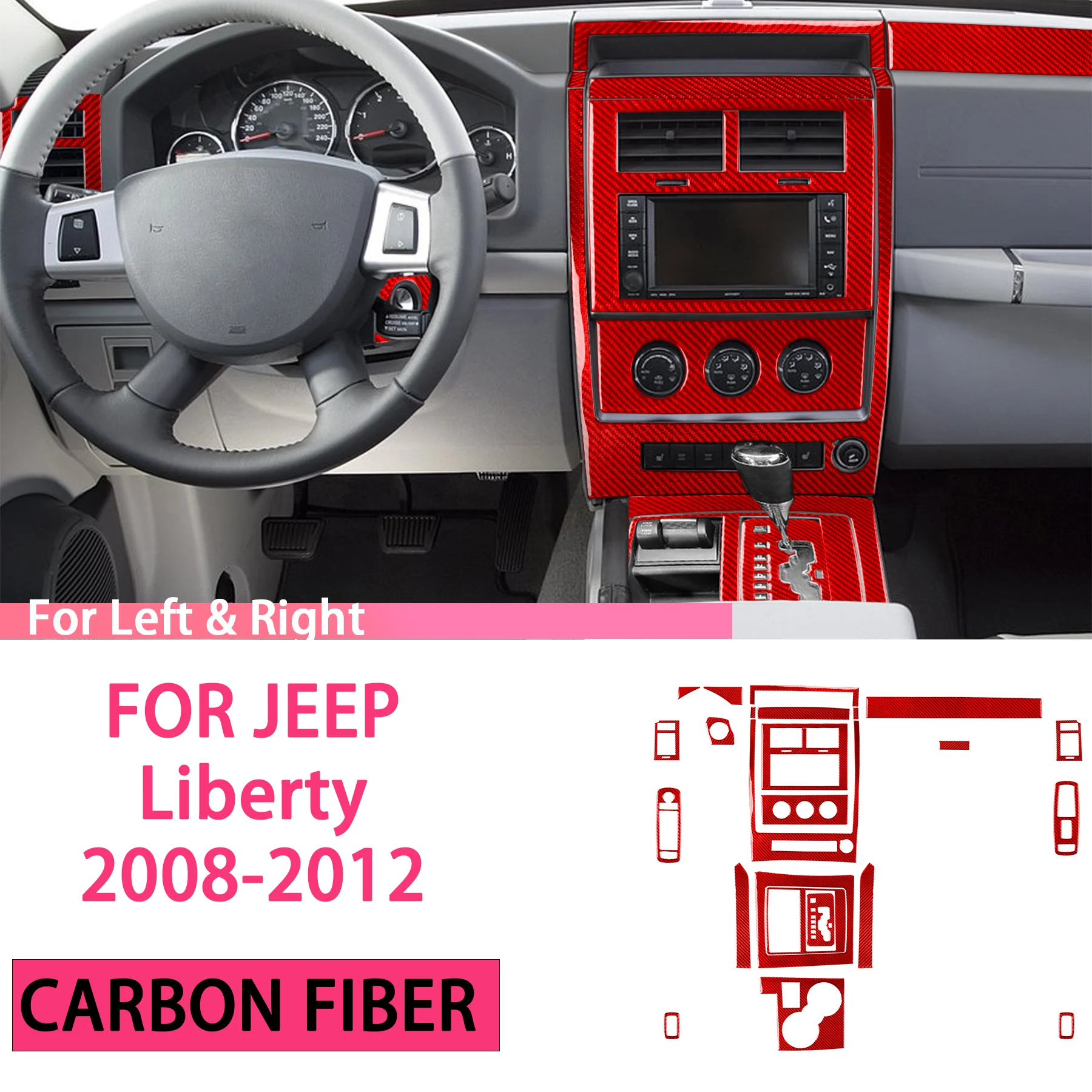 

FOR JEEP Liberty 2008-2012 Red Carbon Fiber Car Speedometer Cup Holder Center Console Kit Air Vent Interior Accessories Stickers