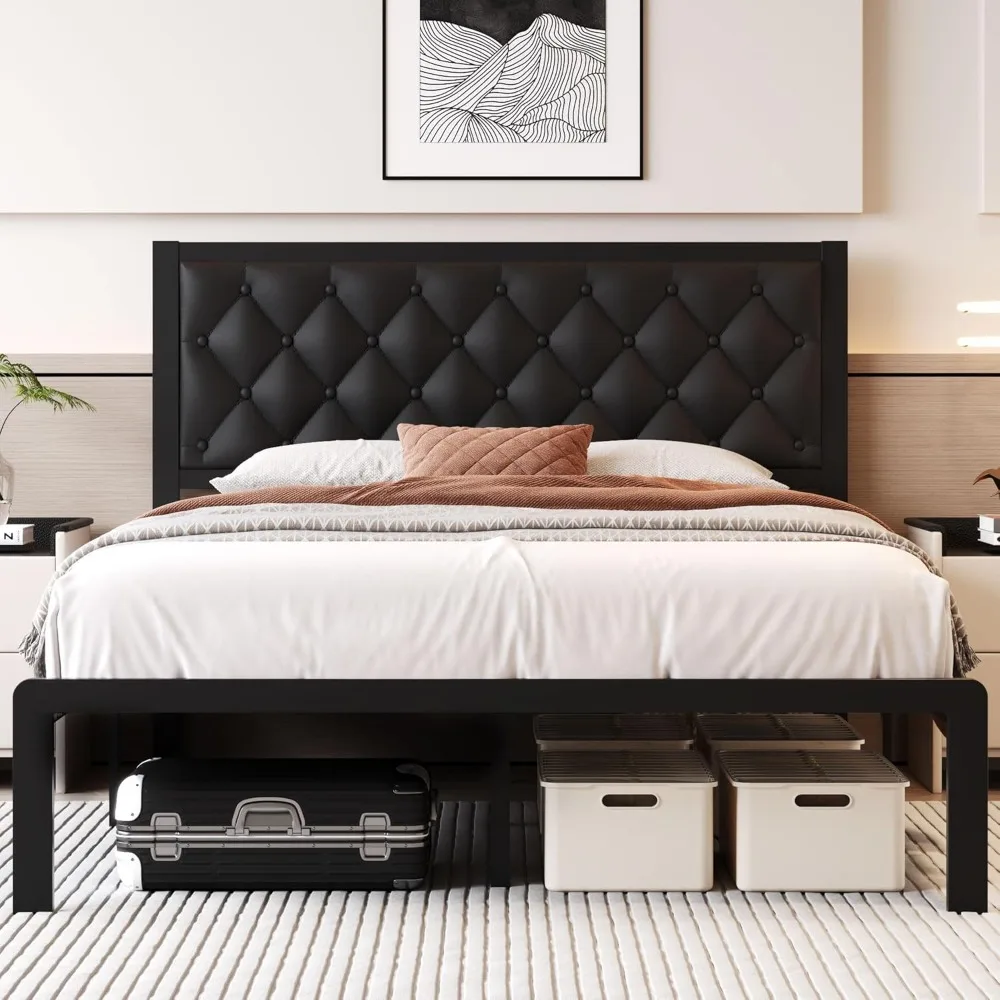 

Queen Bed Frame with Headboard PU Leather Upholstered Bed Frame Platform,with Storage Space,Easy Assembly,Noise Free,Black