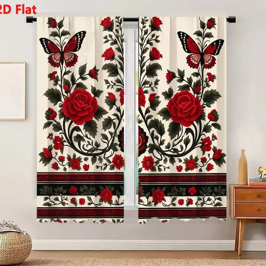 2Pcs Curtains Add 2D Flat Symmetrical Ornamental Design With Red Roses And Butterflies On Cream Background Window Drapes for Bed