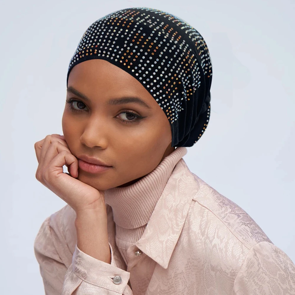 2022 New Women Full Diamonds Donut Turban Cap Elastic Muslim Hijab Bonnet Hat Ladies Headband Turbans African India Caps