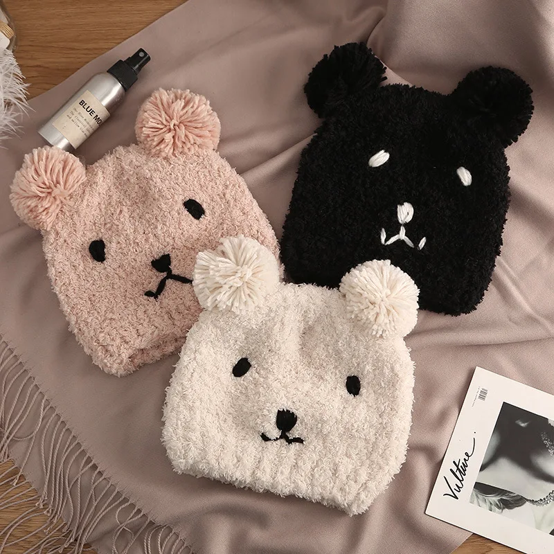 Bear Ears Plush Beanies Hat Winter Cute Warm Thickened Knitted Cap Korean Version Sweet Versatile Ear Protection Women's Hats