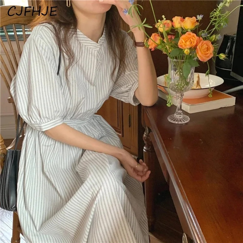 CJFHJE-فستان قميص مخطط عالي الخصر للنساء ، برباط ، كلاسيكي ، كاجوال ، فساتين طويلة ، موضة كورية ، أنيقة ، ربيع ، صيف ، جديد