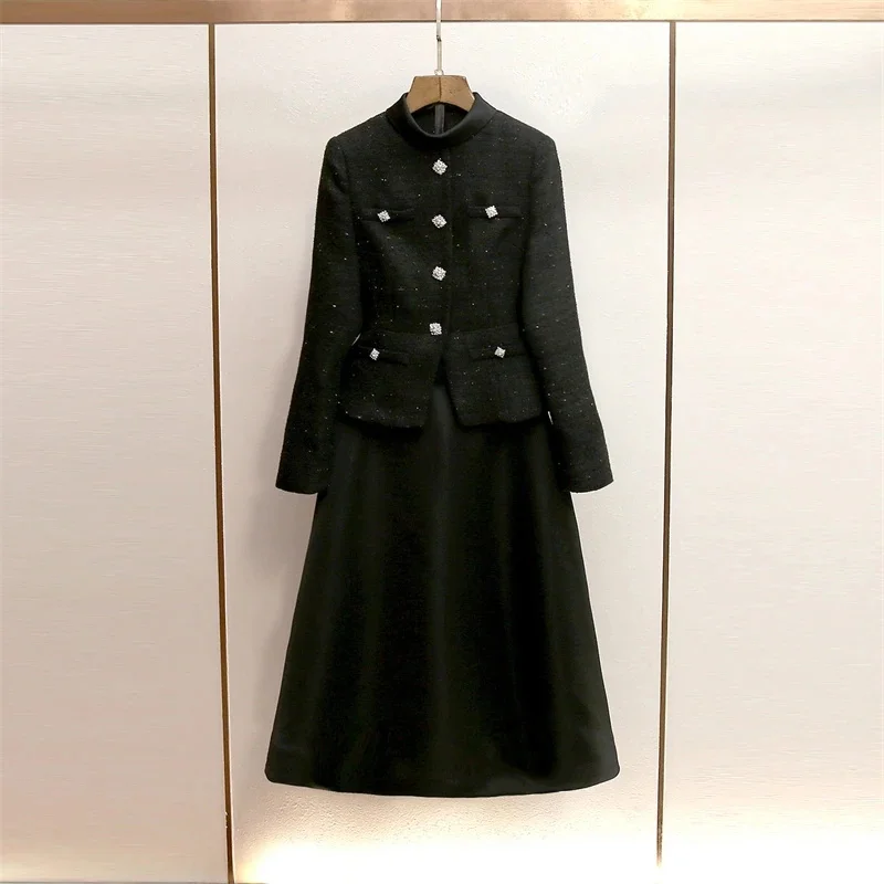 ハイウエストのAラインボタンワンピース、ウエストを絞るエレガントな仕立てのシルエット、女性用、秋冬オフィスパーティーシック