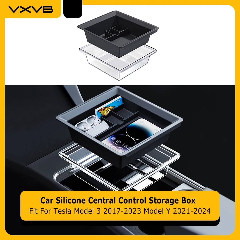 For Tesla Model Y Model 3 2023 2022 Car Storage Box Central Control Trays Crystal Box Silicone Organizer Interior Accessories