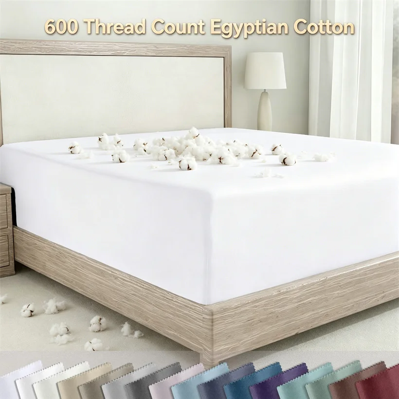 Luxury Soft Egyptian Cotton Fitted Sheet, 600TC 100% Long Staple Cotton Fitted Bed Sheet with Elastic Bands, Soft Mattress Cover