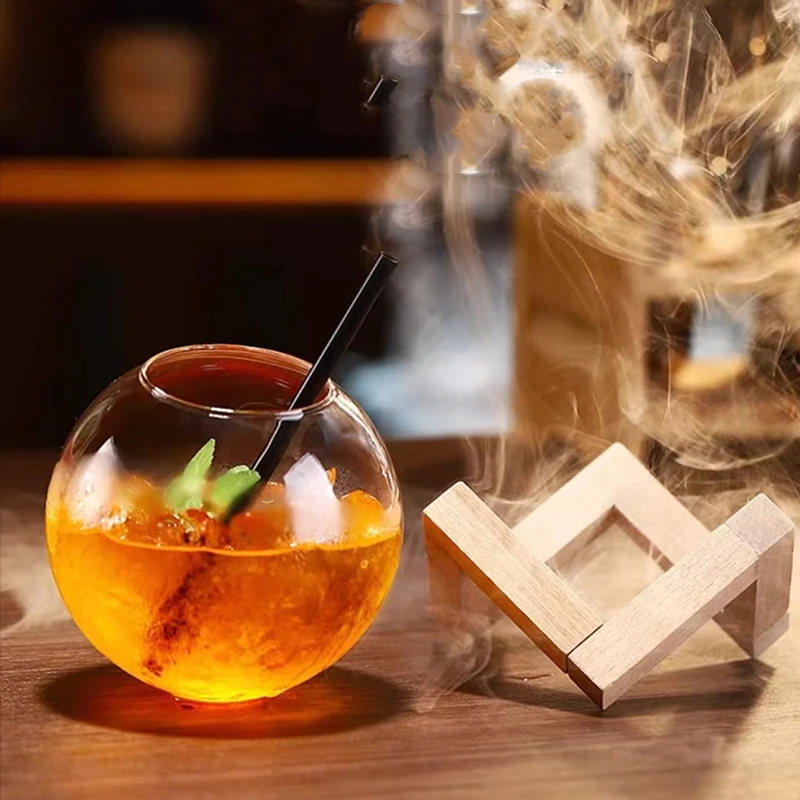

480ml Spherical Cocktail Glass With Wood Stand Unique Shape Bar Glassware Drink Cup Round Ball Cocktail Cup Glass Cup Bar Set
