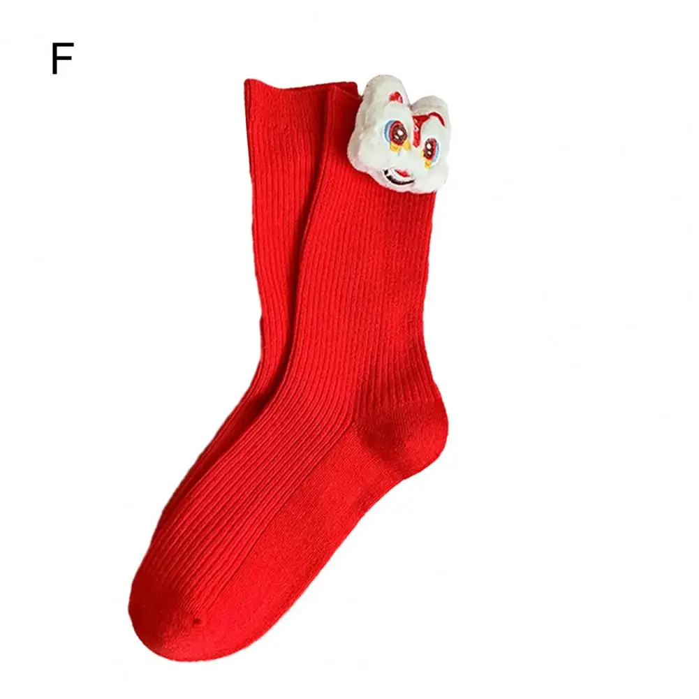 Women Mid-tube Socks Festive Cartoon Dragon Bow Decor Mid-tube New Year Socks for Adults High Elasticity Anti-slip Thick Warm