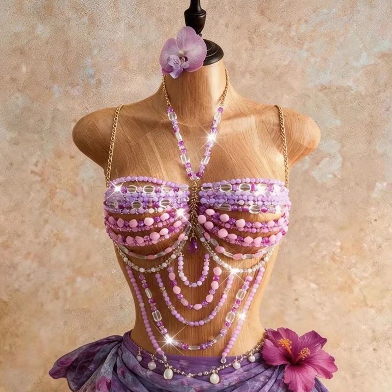 

2026 Luxury Designer Hand-woven Bra Chain Purple Stone Acrylic Crystal Beaded Halter Camis Ropa De Mujer Summer Party Body Chain
