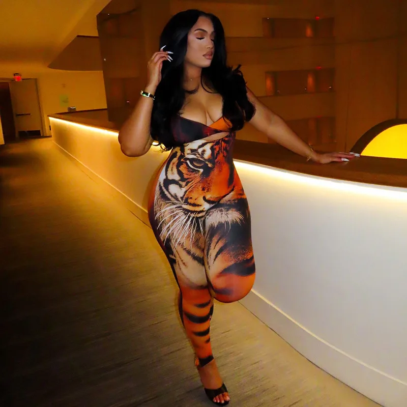 

Unique Printed Women's Street Style Niche Strap Jumpsuit, Strapless Sexy Tiger Print Long Jumpsuit