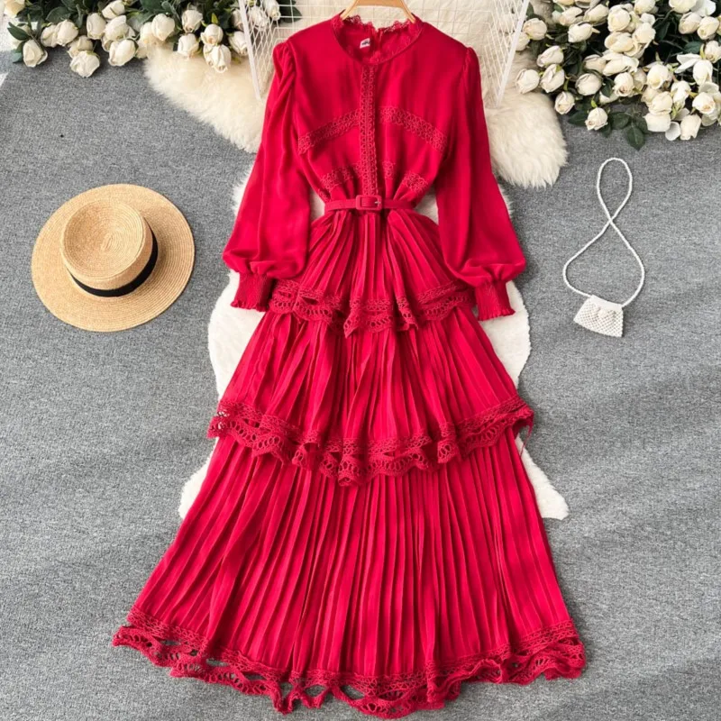 Autumn Vintage Fashion Pleated Women Long Dress Elegant Chic Solid A-Line Party Prom Vestidos Female Birthday Clothes Mujers New