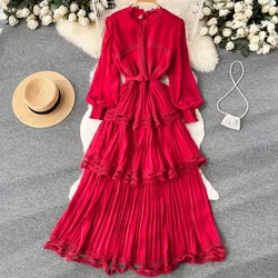 Autumn Vintage Fashion Pleated Women Long Dress Elegant Chic Solid A-Line Party Prom Vestidos Female Birthday Clothes Mujers New