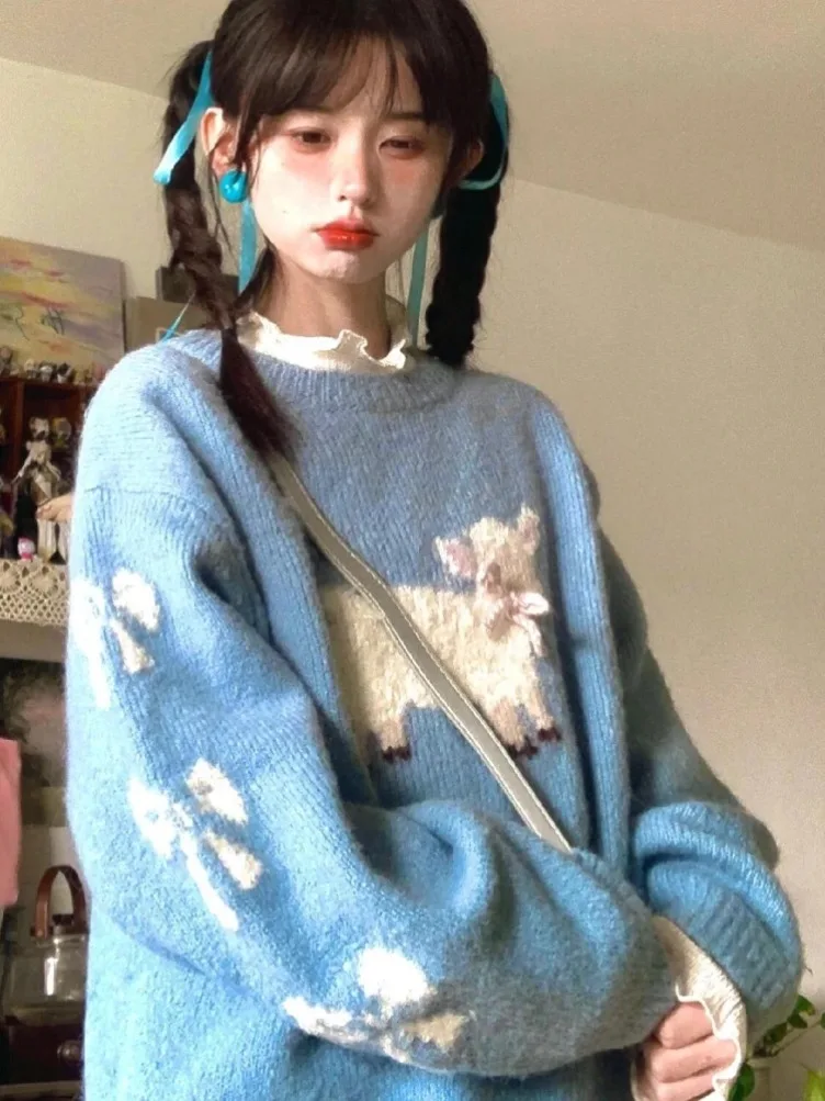 New Sweet Cute Sweaters Bow Cartoon Jacquard Contrast Color O Neck Long Sleeve Pullovers Preppy Style All Match  Women Clothing