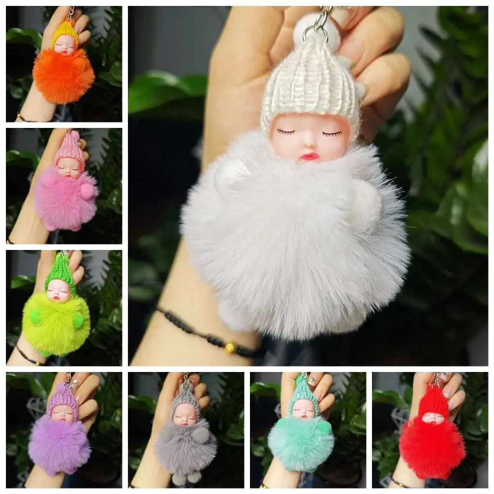 Knitted Hat Pompom Sleeping Baby Keychain Solid Color Cute Sleeping Baby Key Chain Lovely Baby Doll Sleep Baby Pompom Keyring