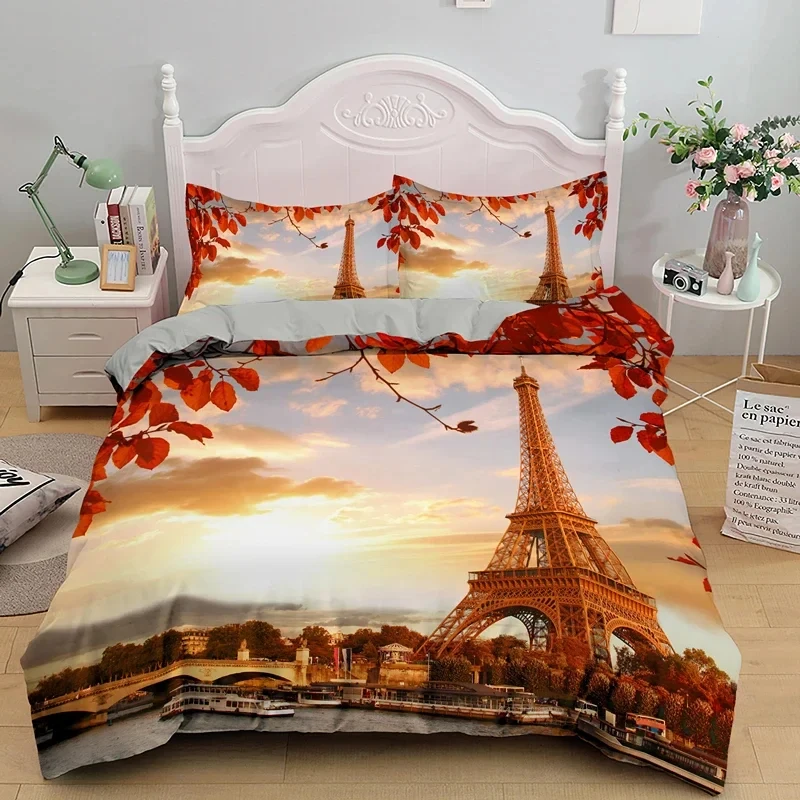 Romantic Eiffel Tower Duvet Cover Microfiber Floral Bedding Set Paris Cityscape Twin Comforter Cover For Girls Teen Adult Room