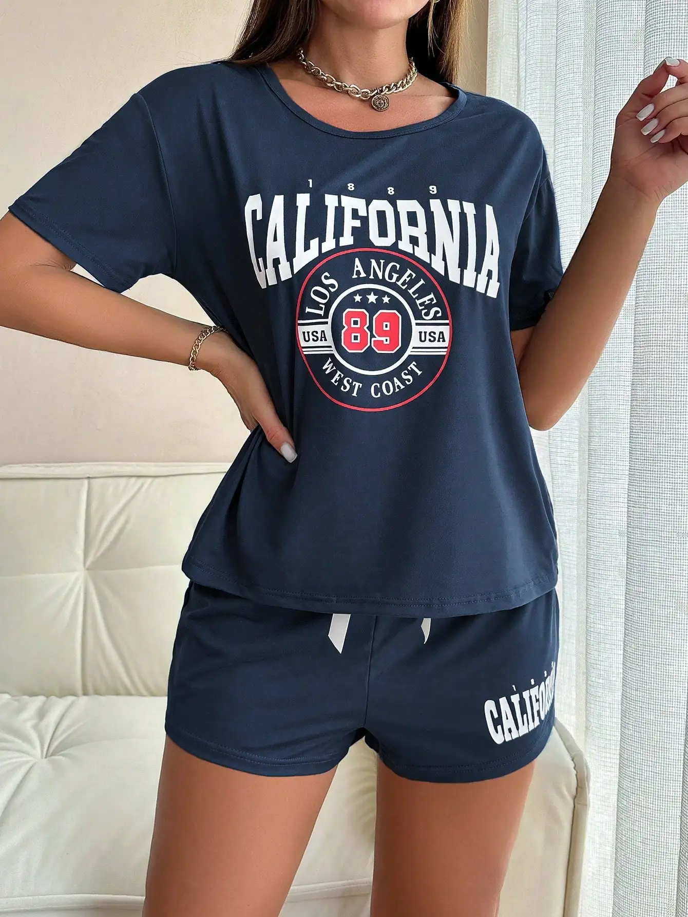 Women's new style casual short-sleeved shorts two-piece set with letter slogan printed pattern pajama set - versatile and comfor