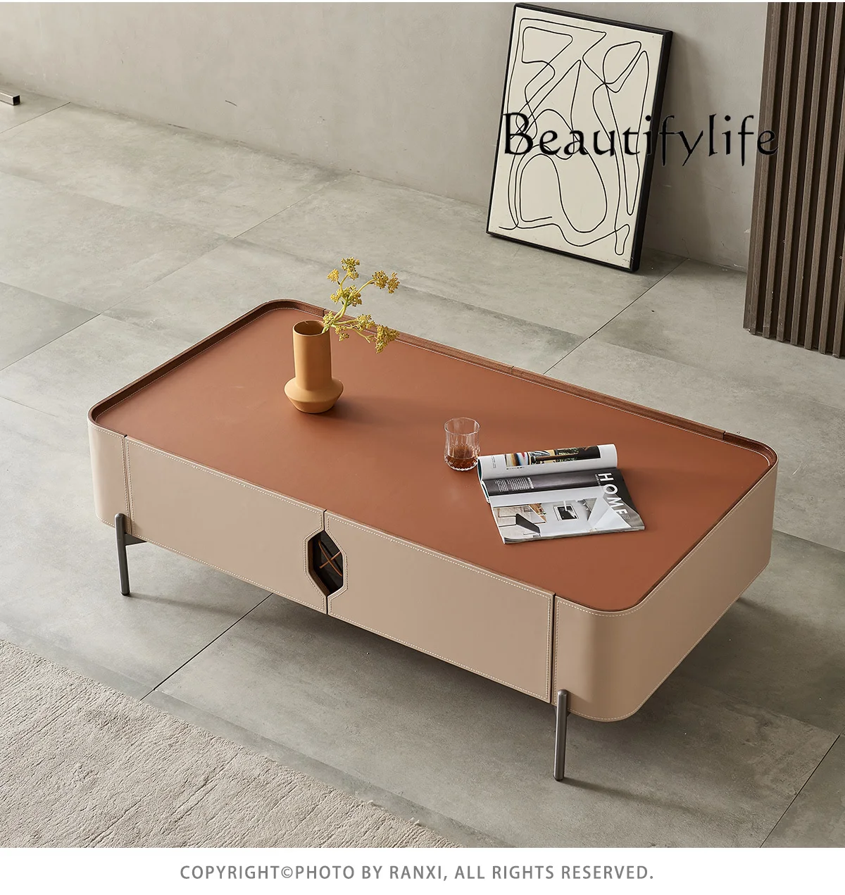 

Italian Minimalist Saddle Leather Coffee Table TV Cabinet Combination Light Luxury Creative Leather Rounded Coffee Table