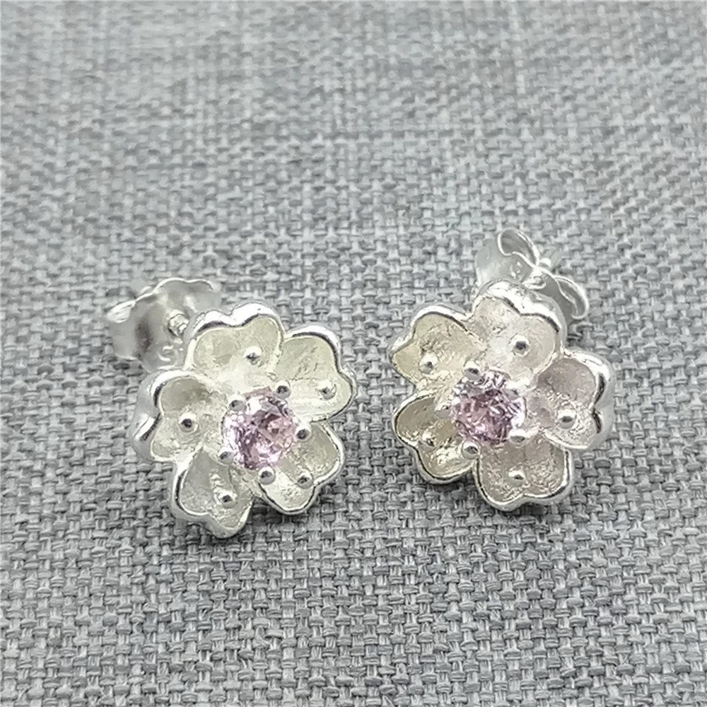 

Sterling Silver Flower Post Earring w/ Pink CZ 925 Silver Blossom Ear Studs with Backs