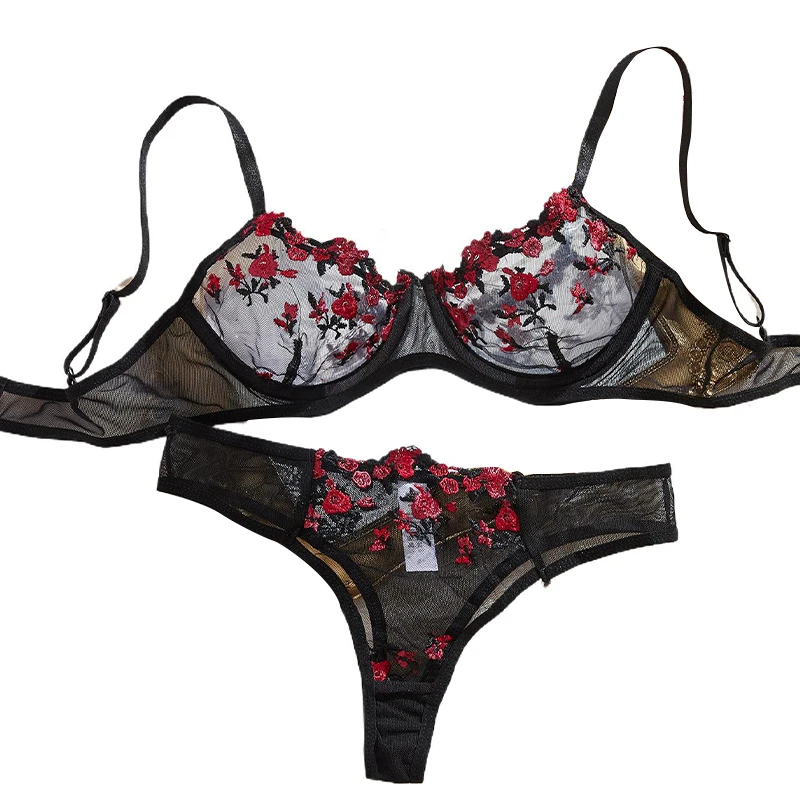 Fairy Bra Set Women Bralette 2-Piece Underwear Sets Floral Embroidery Steel Rin…