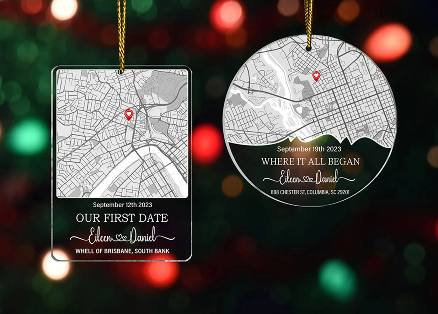 Personalized Couple First Meeting Map Acrylic Sign Coordinate Charm Christmas Tree Ornament New Home Car Hanger Wedding Decor