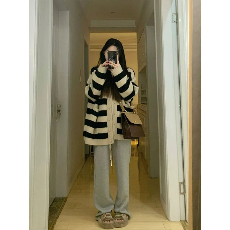 Sweater Female 2023 Spring Wear Korean Loose Slouchy Sweater Striped Knitted Cardigan Coat Women Spring and Autumn Sweater Top