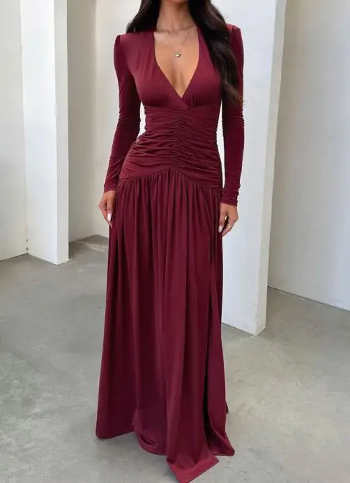

2025 Autumn and Winter Elegant Deep V-Long Sleeved Dress, Women's Dress