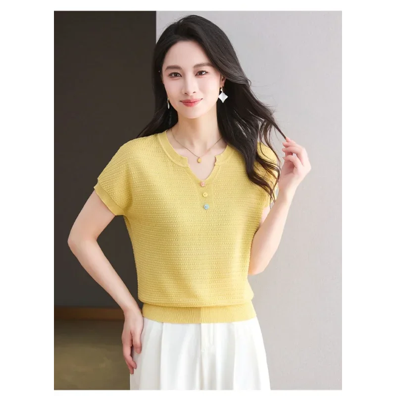 Women's Linen-Cotton Knit Top Scalloped V-Neck Colorful Button Short Sleeve Breathable Casual Blouse