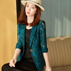 Green Lace Women Blazer 2023 New Elegant Hollow Out Thin Sun Protection Summer Blazers Lady Office Suit Jackets Coat Slim Tops