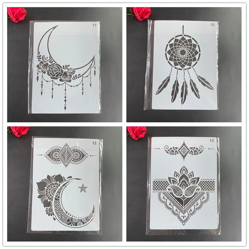 4pcs /set A4 Mandala Stencils Painting Coloring Embossing Scrapbook Album Decorative Template cake stencilmoon wind chimes