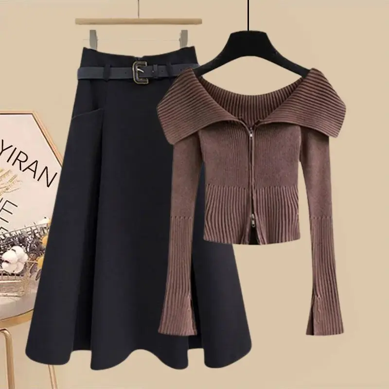Autumn and Winter Set Women's New Korean Style Vintage Sweater Cardigan High Waist Skirt Age Reducing Two Piece Set