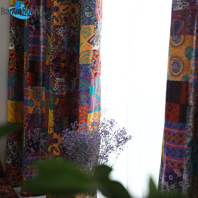 Bohemian Ethnic Cotton and Linen Curtains for Living Room Door Kitchen Semi-blackout Features Retro Blinds Finished Drapes