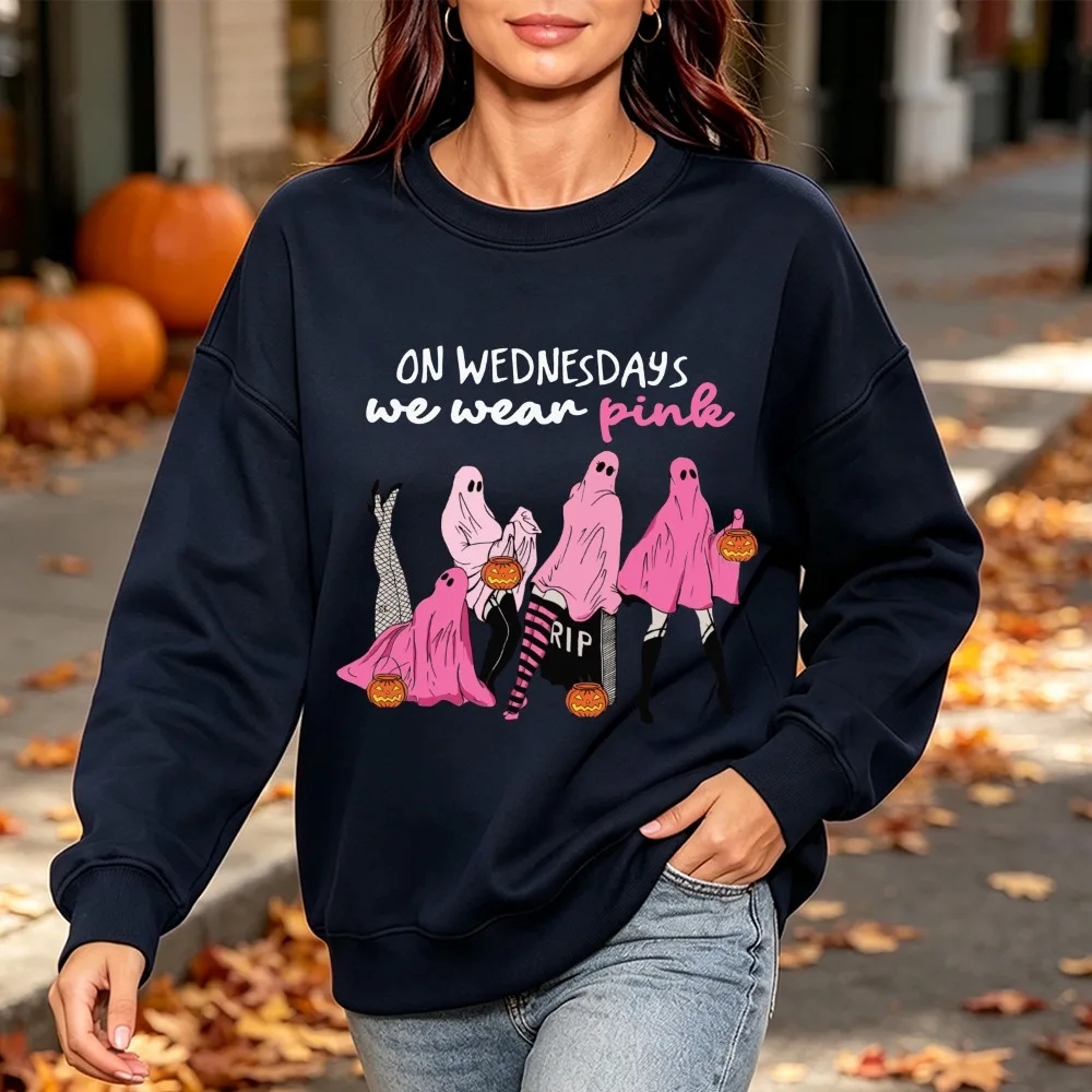 On Wednesdays We Wear Pink Ghost Halloween Print Ladies Crew Neck Sweatshirt Breast Cancer Awareness Long Sleeve Fashion Apparel view 6