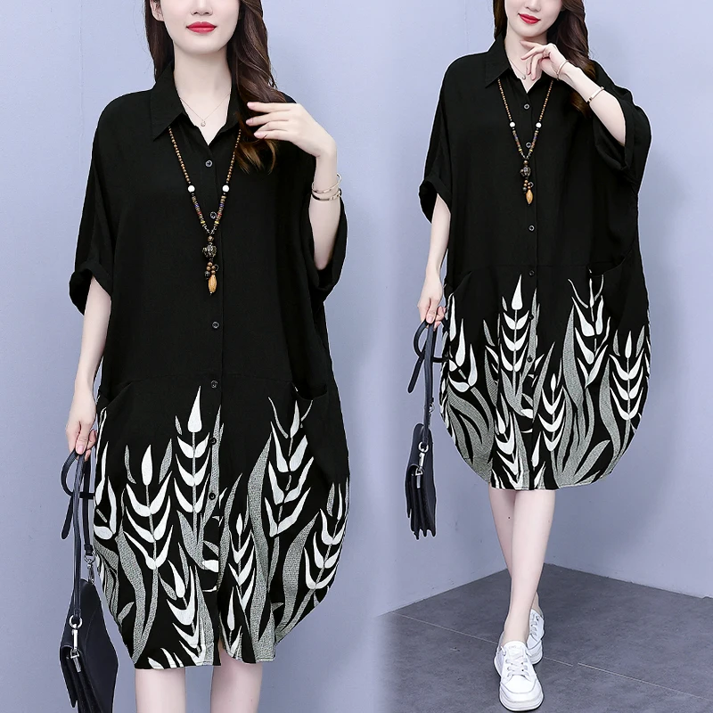 plus Size Women's Fashionable Printed Shirt Dress Korean Style Casual Loose Fit Mid-Length Summer New Arrival