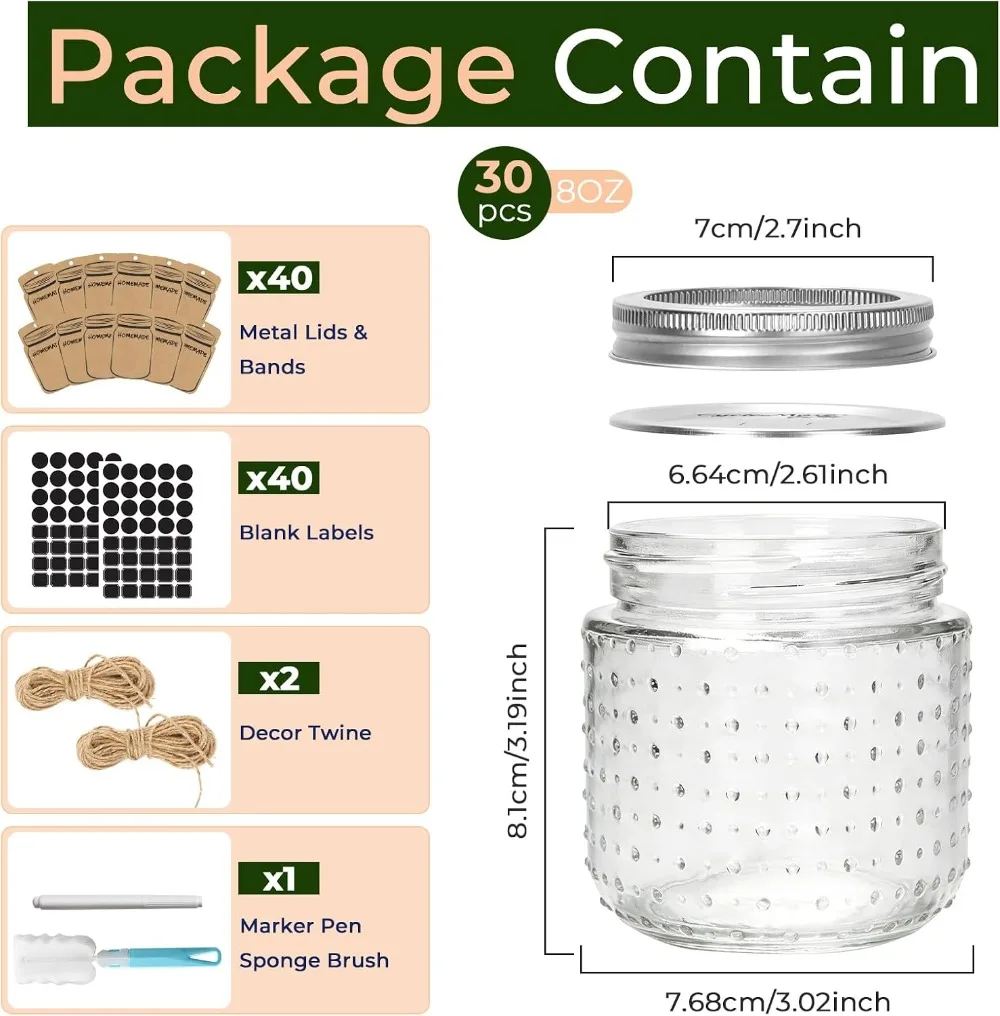 8oz Mason Jars, 30 Pack with Silver & Colorful Lids, Glass Jars for Honey, Jam, Wedding Favors