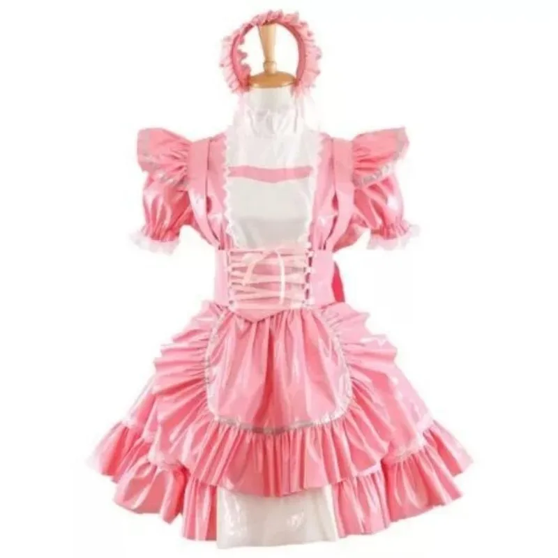 

Sexy French maid pink PVC lockable multi-layer ruffle edge dress maid cosplay costume customizable