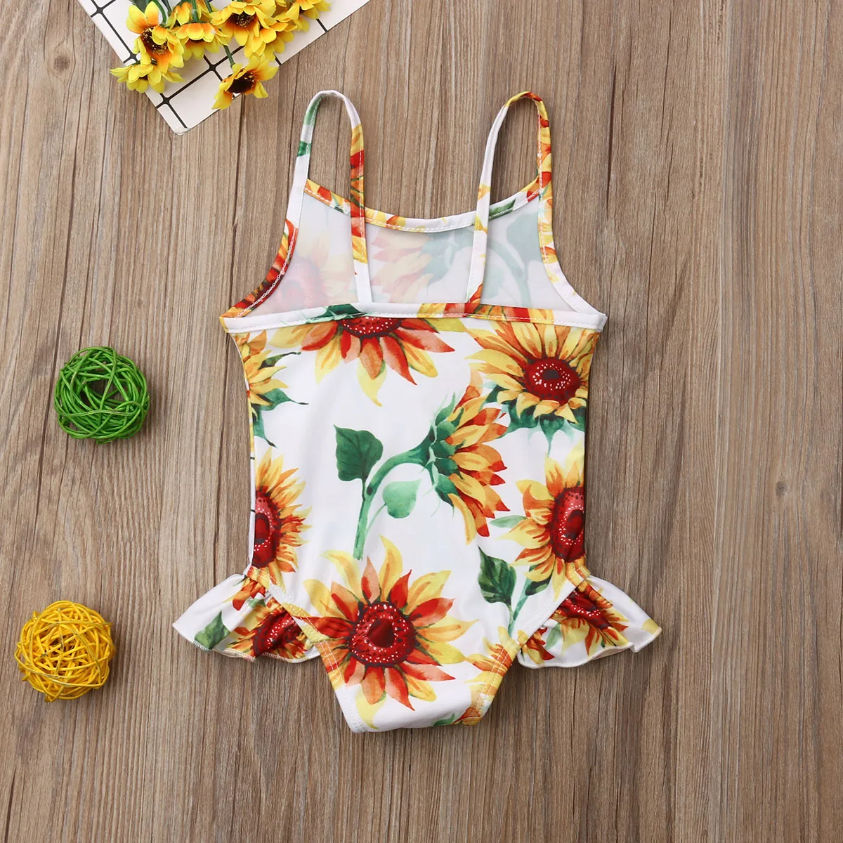 Costume da bagno estivo per neonate 0-24 mesi senza maniche con stampa girasole e volant Beachwear