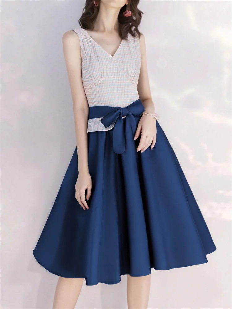 

2025 Sleeveless Plaid Print Patchwork Blue Summer Casual Vintage Dresses Elegant A Line Rockabilly Pinup Runway Dresses 50s 60s